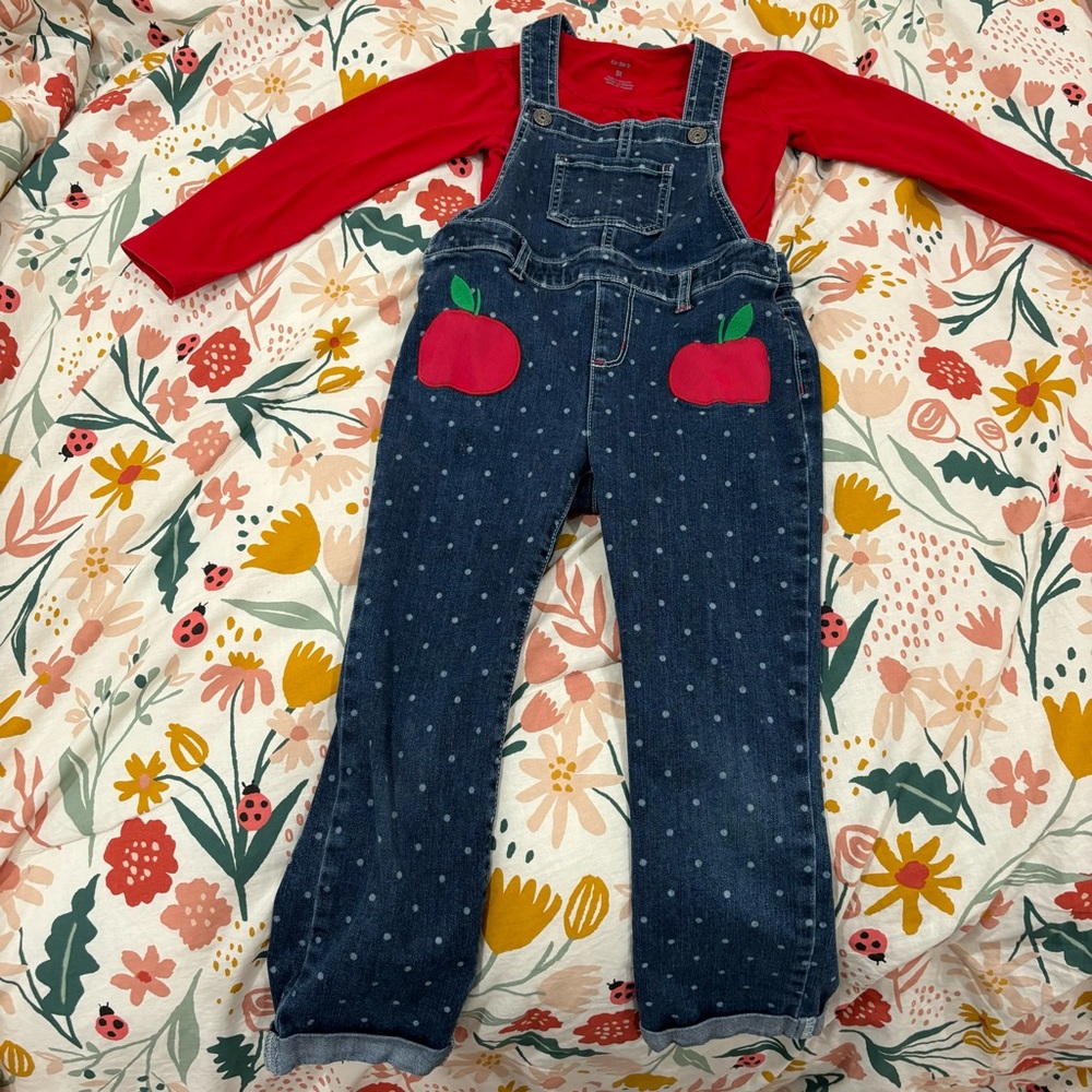 Gymboree Toddler Girl’s Apple Overalls With Matching Long Sleeve Shirt Size 5T